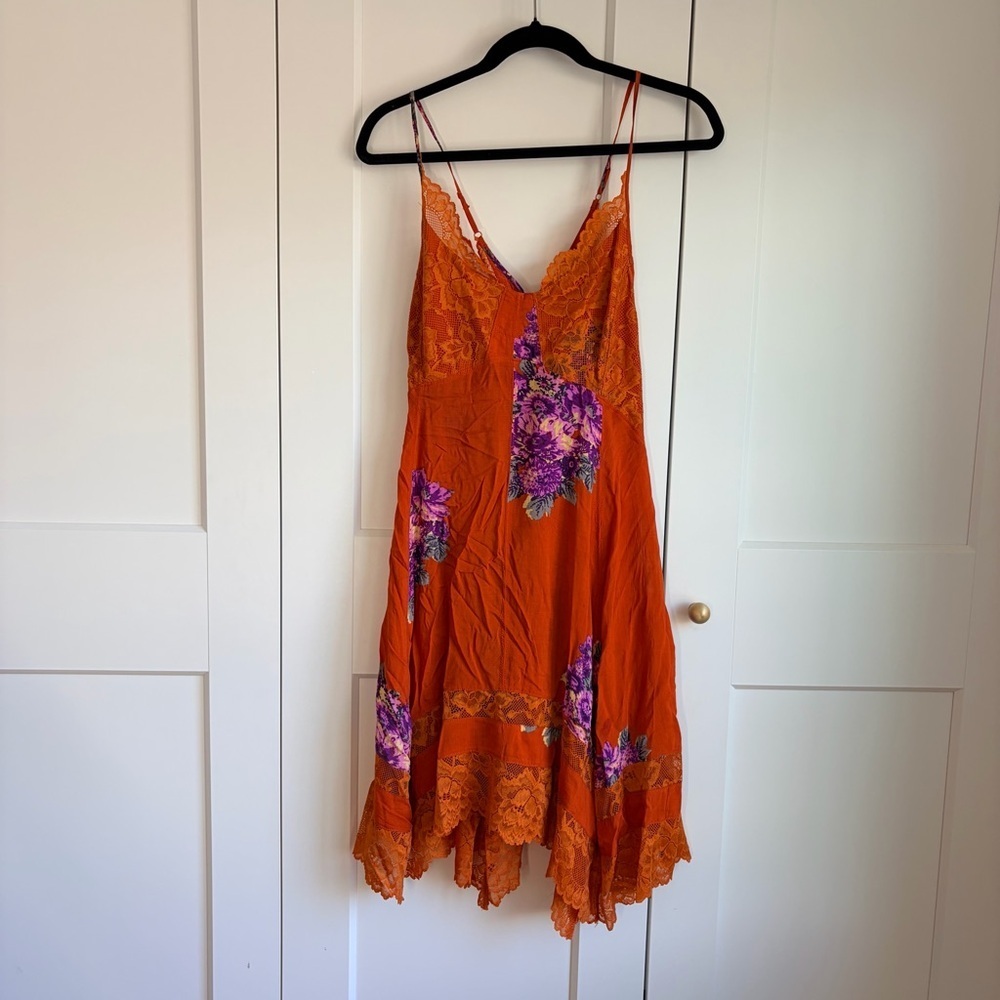 Free People Orange Table For 2 Trapeze Floral Asymmetrical Mini Dress | M - Picture 4 of 9